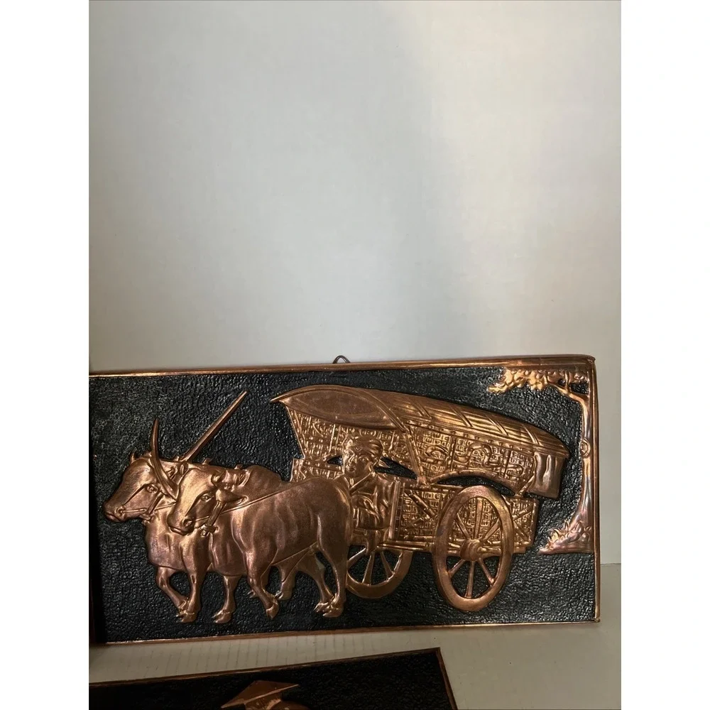 Vintage Copper Wall Art Plaques Set 3 Mid Century Modern Embossed Decor